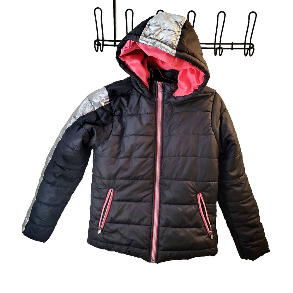 Puffy Jacket For Youth Body Glove Size 12 Grey Gray Pink Zip Pockets Hooded